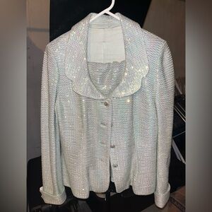 Shimmering St John seaform skirt suit set with Scalloped Collar